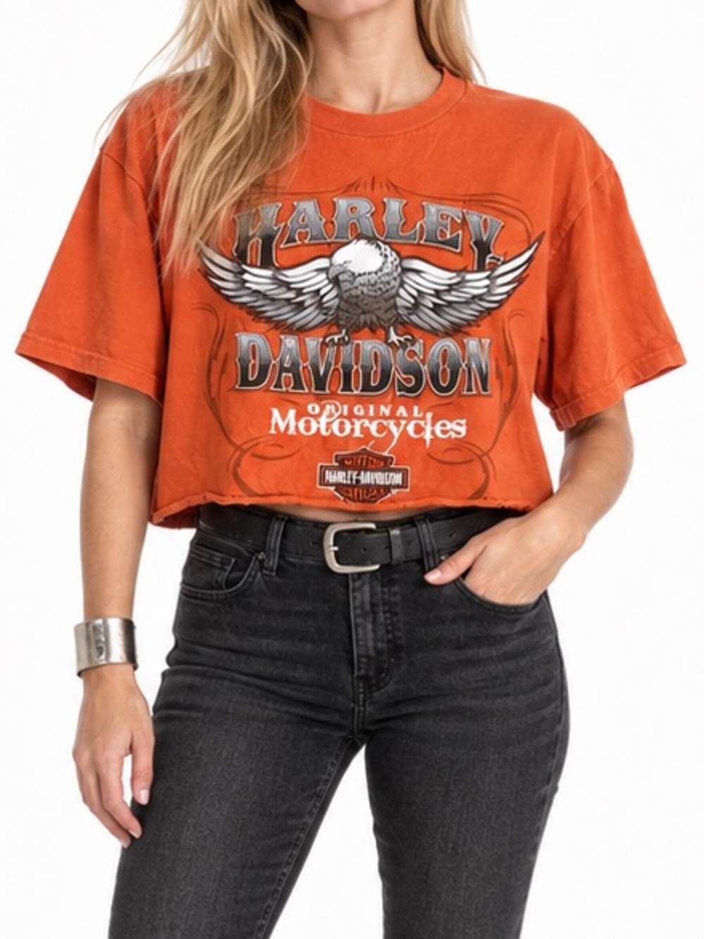 Harley Davidson Orange Eagle Cropped Graphic Tee Size L Dallas Texas Motorcycle